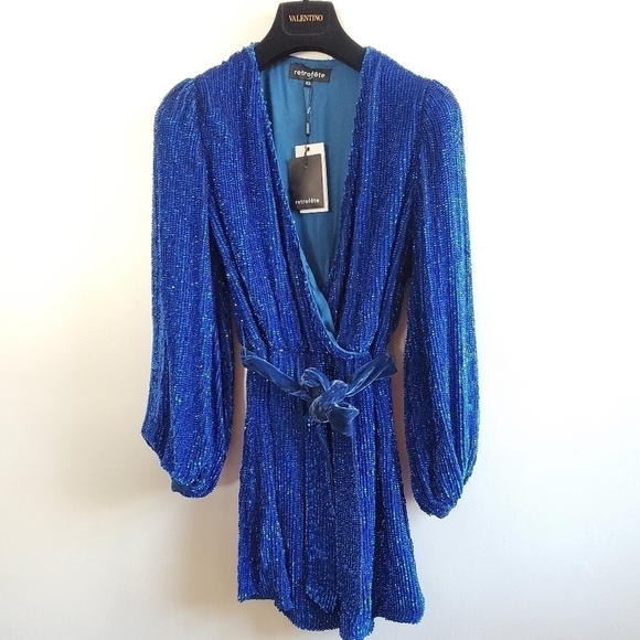 New Retrofete Velvet-Trimmed Sequined Chiffon Royal Blue Mini Cocktail Dress XS - Picture 12 of 17